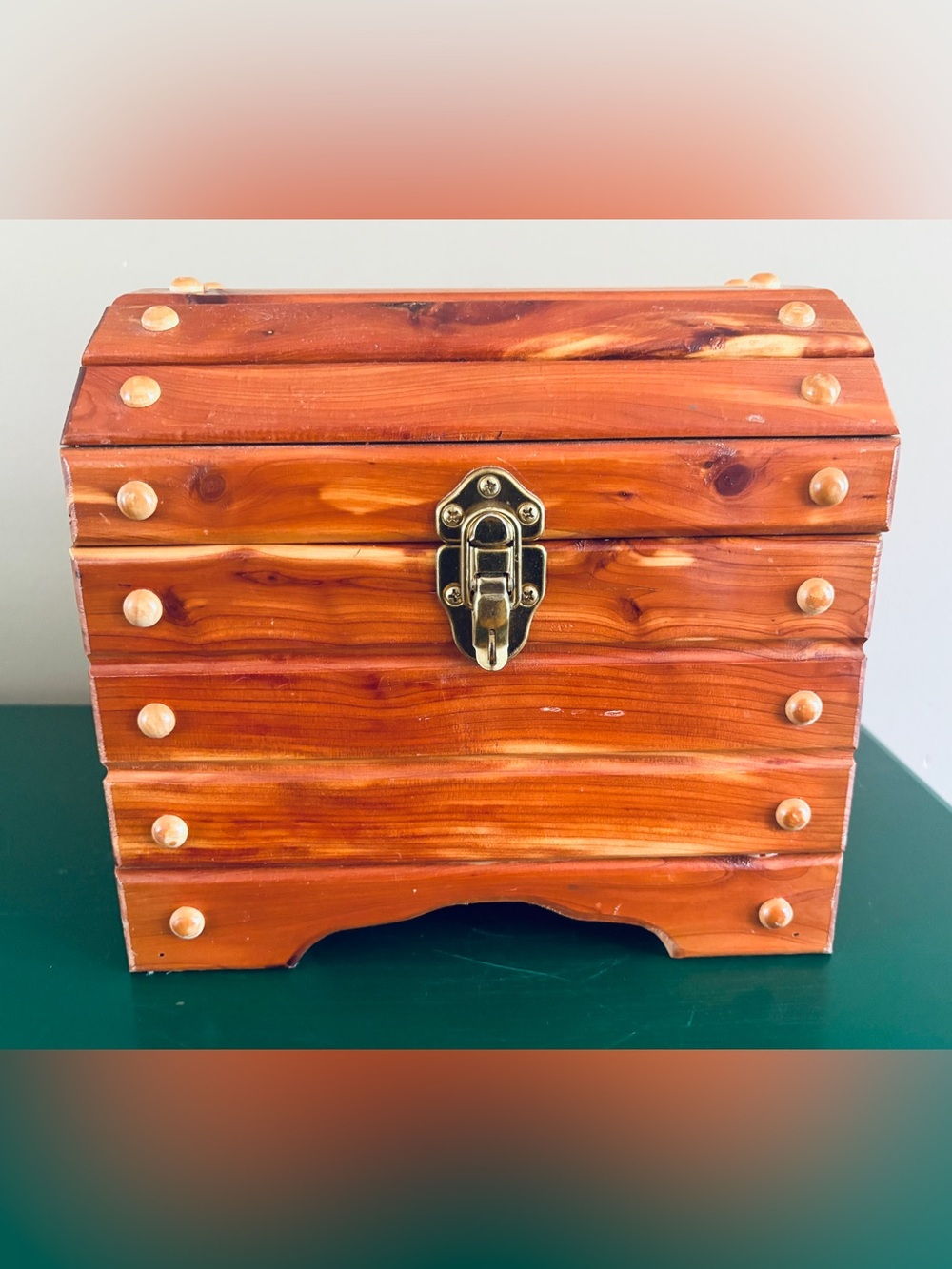 Heavy Vintage Handmade Cedar Wood Treasure Chest Jewelry Box - weighs 6+ lbs
